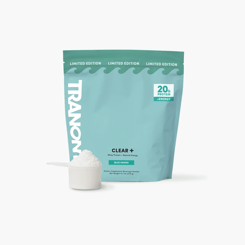 Tranont Clear+ Blue Hawaii whey protein pouch on a white background
